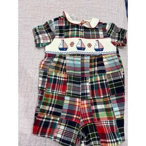 Vive La Fete Sailboat Plaid Smocked Jon Jon Romper 18 months